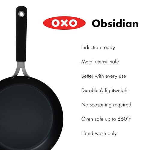 OXO Obsidian 10" Carbon Steel Frying Pan, Pre-Seasoned Skillet, Builds Natural Nonstick with Use, Induction Ready, Oven Safe, Removable Silicone Handle