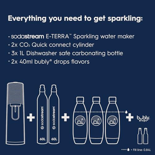 SodaStream - E-TERRA Soda Maker | VALUE BUNDLE | 3 Automatic Carbonation Levels | Includes 2x CO2 Cylinders, 3x 32 Fl Oz Dishwasher Safe Bottles, 2x Bubly Fruit Flavor Drops, 1x Power Adapter | Black