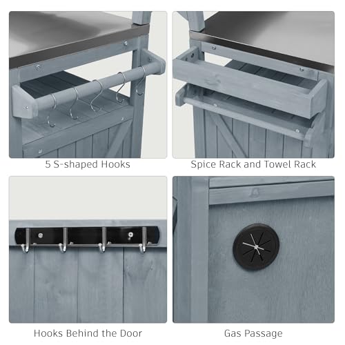 Merax 53.3" Outdoor Kitchen Island with Raised Shelf, Solid Wood Storage Cabinet with Stainless Steel Top, Rolling Grill Cart, Adjustable Shelf, Grey Blue