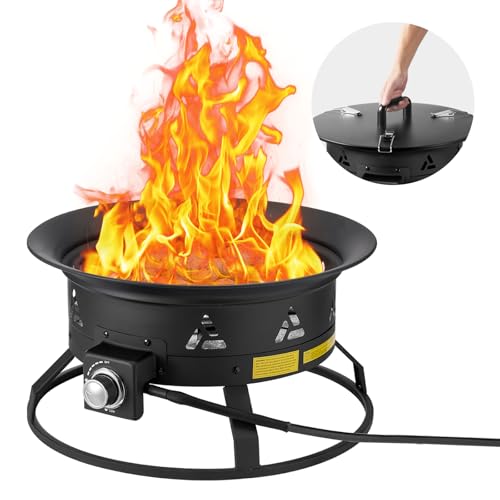 VEVOR Portable Propane Fire Pit, 24-Inch Diameter Outdoor Gas Fire Pit with Cover & Lava Rocks, Adjustable Flame Height Camping Firepit for Heating, Lighting, Gathering, 58,000 BTU, Black