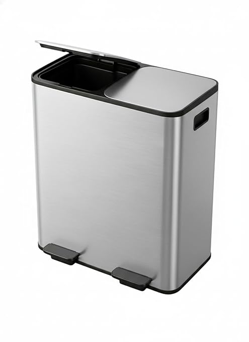 Garvee Double Trash Can, 2 x 8 gal (2 x 30 L) Garbage Can for Kitchen Dual Compartment Recycling Kitchen Step Trash Bin, Stainless Steel Trash and Recycle Bin Combo with Soft-Close Lid,Silver