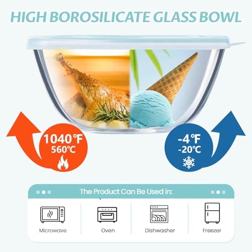Luvan Glass Mixing Bowls with Lids Set(4.5QT, 2.7QT, 1.1QT)-Large Glass Mixing Bowls, Clear Salad Bowl for Baking, Cooking, Serving, Food Prep, 3PC Nesting Bowls for Kitchen Storage & Dishwasher Safe