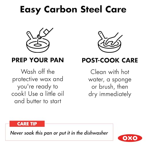 OXO Obsidian 10" Carbon Steel Frying Pan, Pre-Seasoned Skillet, Builds Natural Nonstick with Use, Induction Ready, Oven Safe, Removable Silicone Handle