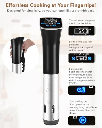 Sous Vide, Lonkion Sous Vide Cooker Machine, Temperature Control, 1100W IPX7 Immersion Circulator, Fast Heating, Home Kitchen Use, Easy to Store