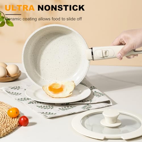 Tibbicc 20-Piece Ceramic Nonstick Cookware Set – Induction Compatible, Non-Toxic Pots & Pans with Removable Handles, Dishwasher & Oven Safe Stackable RV/Camping Cookware Cream White