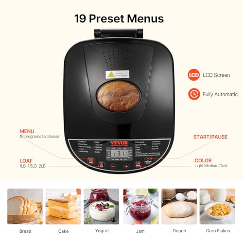 VEVOR Bread Maker, 19-in-1 2LB Dough Machine, Nonstick Ceramic Pan Automatic Breadmaker with Gluten Free Setting, Whole Wheat Bread Making, Digital, Programmable, 3 Loaf Sizes, 3 Crust Colors