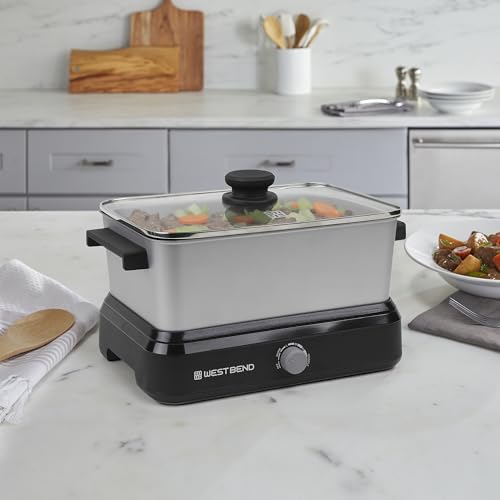 West Bend Versatility Slow Cooker Large Capacity Non-stick Cooking Vessel & Variable Temperature Heating Base Includes Travel Lid and Storage Bag, Range and Oven-Safe Cooking Pot, 5-Quart, Silver