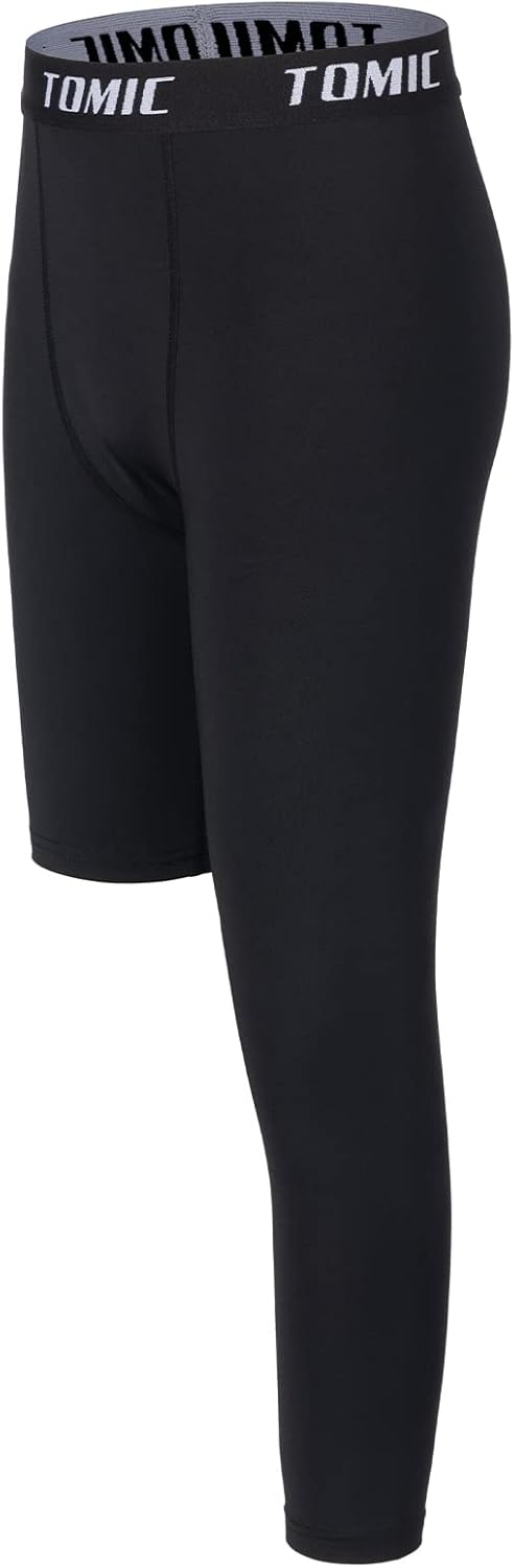 Tomic Youth Boys Kids One Leg 3/4 Leggings Compression Pants for Basketball Soccer Sports Athletic Training Tights Base Layer