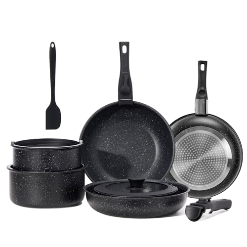 NEWBULIG 12-Piece Nonstick Kitchen Cookware Set, Pots and Pans with Detachable Handle, Induction Compatible, Dishwasher & Oven Safe, Space-Saving, Black