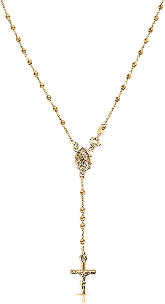 Savlano 925 Sterling Silver Italian Solid Bead Chain Cross & Rosary Virgin Mary Pendant -18K Gold Plated Y Necklace Comes With Gift Box for Women - Made in Italy (18, 3mm)