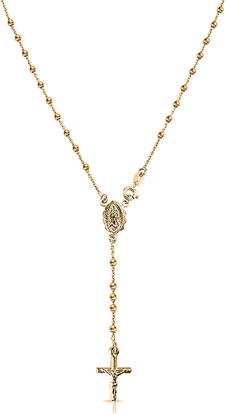 Savlano 925 Sterling Silver Italian Solid Bead Chain Cross & Rosary Virgin Mary Pendant -18K Gold Plated Y Necklace Comes With Gift Box for Women - Made in Italy (24, 3mm)