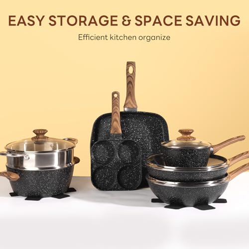 Sweetcrispy 17 Pcs Nonstick Pots and Pans, Non-toxic Kitchen Cooking Set, Induction Kitchen Cookware Sets Non Stick with Stay-Cool Handles, Oven Safe, Black