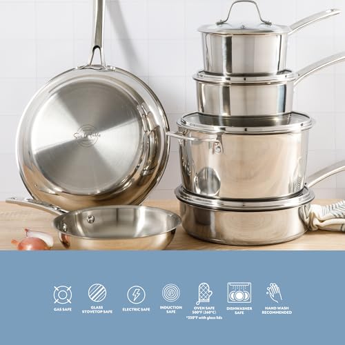 Sur La Table Kitchen Essentials Chef's Deck 10 Piece Stainless Steel Non Toxic Pots and Pans Kitchen Cookware Set w/Triply Encapsulated Base - Induction Safe