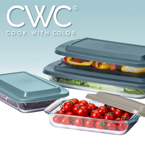 COOK WITH COLOR 8-Piece Deep Glass Baking Dish Set with Plastic Lids – Casserole and Food Storage Containers for Lasagna, Leftovers – Freezer-to-Oven, Microwave & Dishwasher Safe, Blue