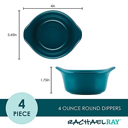 Rachael Ray Solid Glaze Ceramics Round Ramekins/Dipping Cup Set, 4 Piece, Teal