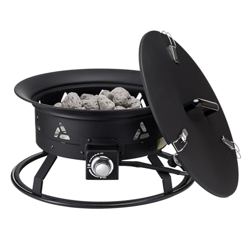 VEVOR Portable Propane Fire Pit, 24-Inch Diameter Outdoor Gas Fire Pit with Cover & Lava Rocks, Adjustable Flame Height Camping Firepit for Heating, Lighting, Gathering, 58,000 BTU, Black