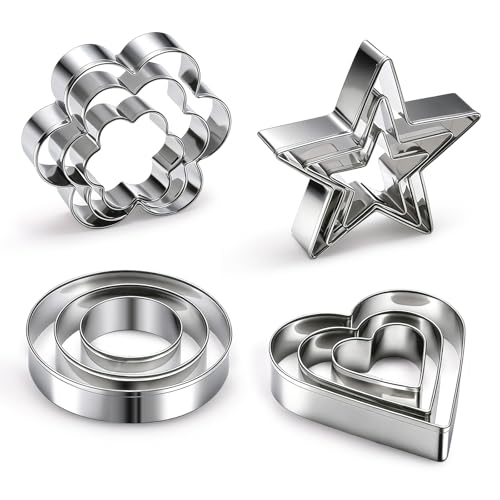 12 Pcs Professional Stainless Steel Cookie Cutters Set - Heart, Flower, Round, Star Shapes Metal Biscuit Cutter, Essential Baking Tools for Dough Preparation