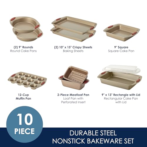 Rachael Ray Cucina Nonstick Bakeware Set Baking Cookie Sheets Cake Muffin Bread Pan, 10 Piece, Latte Brown with Cranberry Red Grips