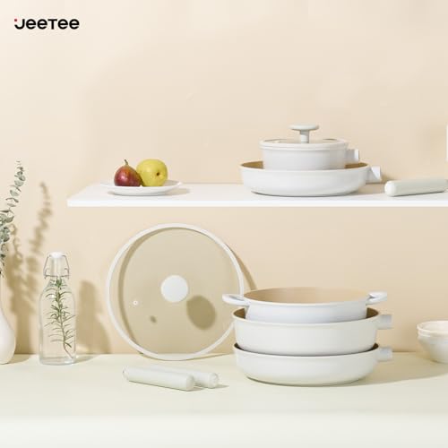JEETEE Ceramic Cookware Set, 15 PCS Pots and Pans Set Non Stick with Removable Handles, Non Toxic Induction Kitchen Cookware Sets, Oven Safe PFAS/PFOA Free Cream