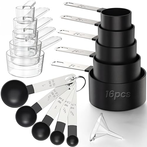 16PCS Measuring Cups and Spoons Set, Measuring Spoon Set with Metric and US Measurements, Fits for Measuring Dry and Liquid - Black