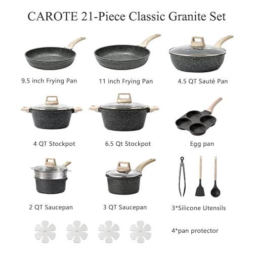 CAROTE 21pcs Pots and Pans Set Nonstick, Cookware Set Black Granite Induction Kitchen Cooking Set w/Frying Pans & Saucepans(PFOS, PFOA Free)