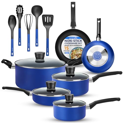SereneLife 15-Pc Blue Nonstick Cookware Set, Heat-Resistant Pots & Pans Set with Lids, Dishwasher Safe, Includes Matching Utensils