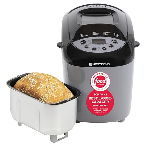 West Bend Hi-Rise Bread Maker Machine Programmable 12 Programs Including Gluten Free & 3 Loaf Sizes and Crust Colors with Traditionally-Shaped Horizontal Bread Pan with Dual Knead Blades, 3-Lb, Gray