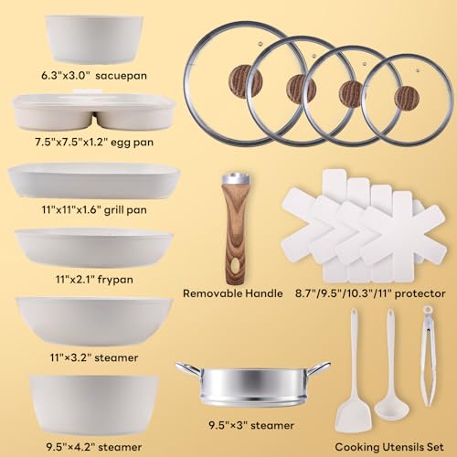 NEWBULIG 17-Piece Nonstick & Non-Toxic Pots and Pans Set, Cookware with Stay-Cool Handles, Induction Compatible, Cream White
