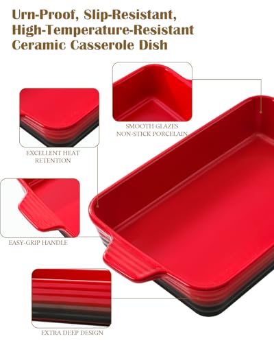 Casserole Dishes For Oven, Heat-Resistant Ceramic Bakeware Set Of 4 Rectangular Baking Dish Set With Handles For Lasagna, Cake, Pie, Dinner, Cooking, Ceramic Baking Dish, Red (9.4"/11.1"/12.2"/14.7")