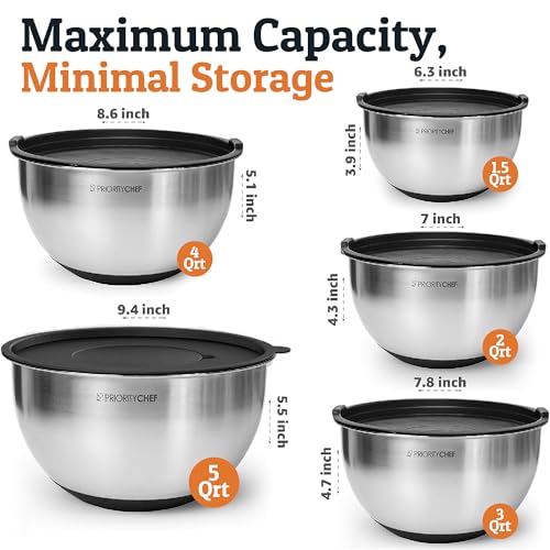 Priority Chef Stainless Steel Mixing Bowls with Lids Set, 3 Grater Attachments, Airtight Lids, Non-Slip Silicone Base Mixing Bowl Set, Large Prep Metal Mixing Bowls for Kitchen, Black