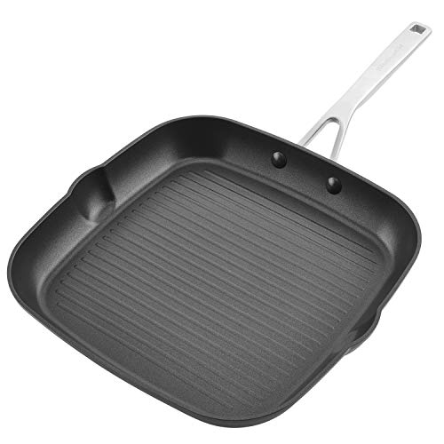 KitchenAid Hard Anodized Induction Nonstick Square Grill Pan/Griddle with Pouring Spouts, 11.25 Inch, Matte Black
