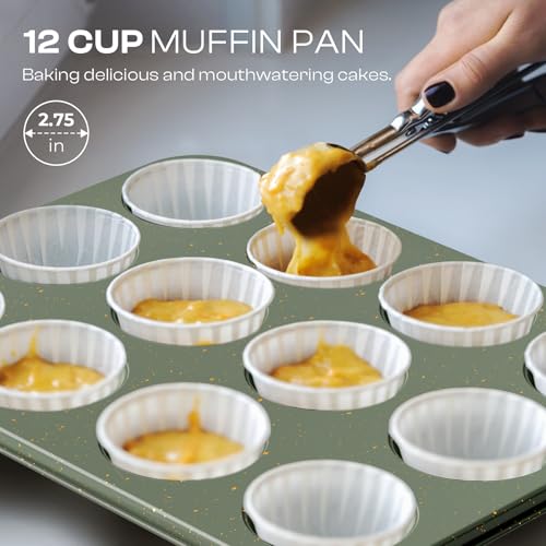 12-Piece Nonstick Baking Set, Non-Toxic Bakeware Sets with Baking Sheet, Cake Pan, Square Pan, Loaf Pan, Roasting Pan, Muffin Pan, Cookie Sheet, Cooling Rack & Kitchen Utensilss - Ceramic Coated Green