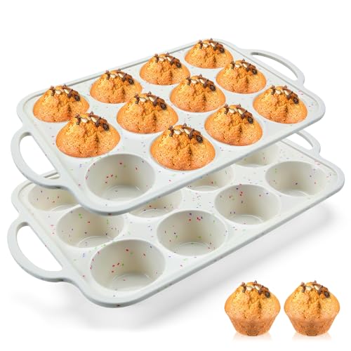 Vinino 2Pack Silicone Muffin Pan for Baking with Metal Reinforced Frame, 12 Cup Regular Size Cupcake Pan, BPA Free Silicone Muffin Tray, Cupcake Baking Pan Bite Molds for Oven Dishwasher Safe