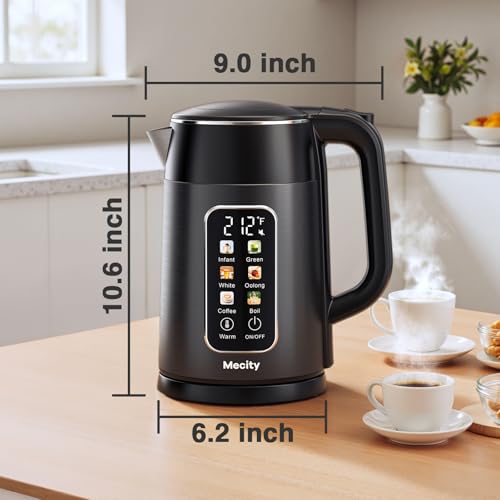 Mecity Electric Kettle 1.7L Touch Screen Temperature Control Water Boiler, No Plastic Contact with Water. 6 Preset Temperature Programs, 2 Hours Keep Warm, Auto Shut Off, Dark Grey