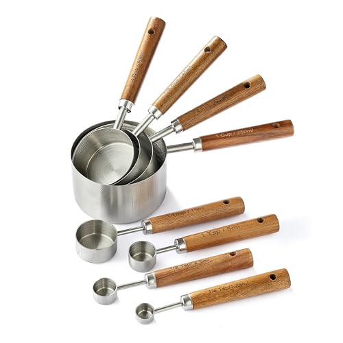 8PCS Measuring Cups, DAJLFA Stainless Steel Measuring Cups and Spoons Set with Ergonomic Wooden Handle for Cooking & Baking