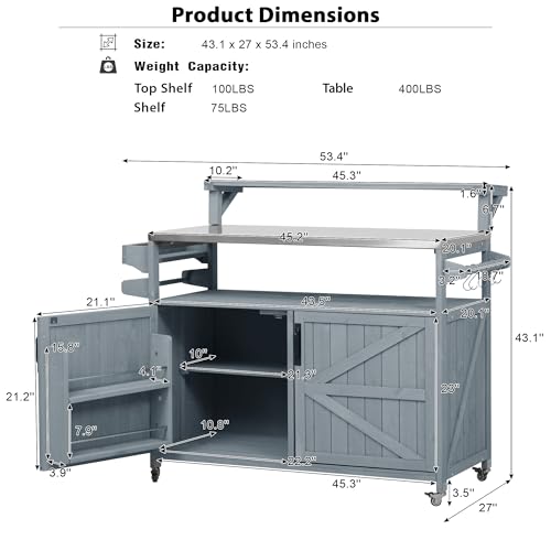 Merax 53.3" Outdoor Kitchen Island with Raised Shelf, Solid Wood Storage Cabinet with Stainless Steel Top, Rolling Grill Cart, Adjustable Shelf, Grey Blue