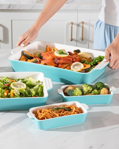 Sweejar Ceramic Bakeware Set of 4, Casserole Dishes for Oven, Rectangular Baking Dish with Handles, Lasagna Pans Deep for Cooking, Gratin, Roasting, Banquet and Daily Use (Turquoise)