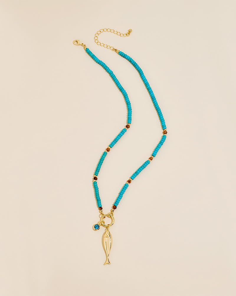 MYCUTEY Cute Fish Necklace For Women Blue Beaded Strand With a Gold Fish Pendant Adjustable Beaded Necklace Summer Beach Turquoise Jewelry