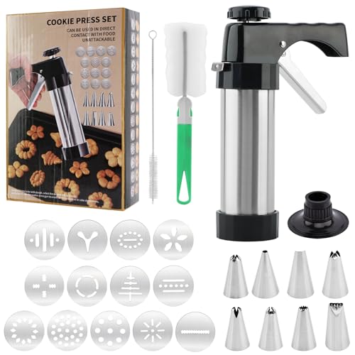 Stainless Steel Cookie Press Gun Kit with 13 Discs & 8 Tips for Baking, DIY Spritz Cookies, Biscuits & Cake Decorating Supplies