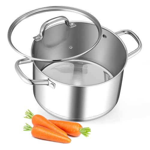 Leonyo 5 Quart Stock Pot with Lid, 18/10 3-ply Stainless Steel Stockpot for Induction Ceramic Gas Stoves, Heavy Duty Cooking Pot for Canning, Boiling, Simmering, Cooking Pot for Pasta, Soup, Spaghetti