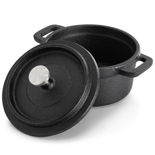 MegaChef Cast Iron 8 Ounce Mini Dutch Oven with Wood Tray, Cookware, Bakeware, Serveware (6 Piece)