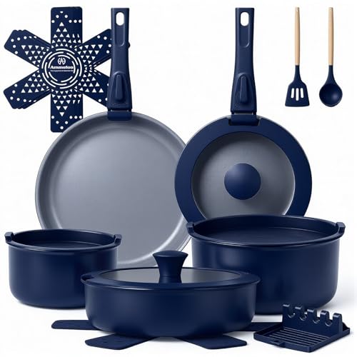 Ammeloo 18-Piece Ceramic Pots and Pans Set Non Stick, Non Toxic Cookware Set with Removable Handles, Pot Sets for Cooking, Induction Ready, Dishwasher & Oven Safe, PFAS PFOA & PTFE Free (Navy Blue)