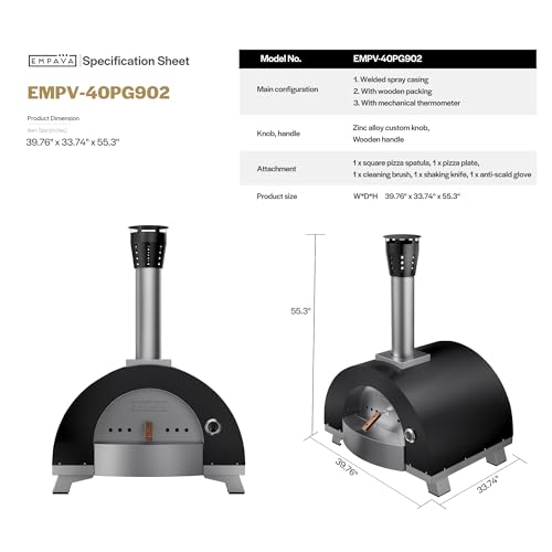 Empava Professional Wood Fired Pizza Oven Outdoor with Thermometer & Accessories, Artisan Cooking Grill for Backyard, Patio, Camping