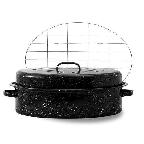 Oval Roasting Pan with Lid and Rack 18" Large Roaster Pan Set Comes With Lron Rack Enamel Cook Ware Dishwasher Compatibility Granite Oven Roaster