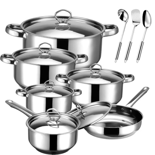 Hunnycook Stainless Steel Cookware Set - 15 Pieces Pots and Pans Set, Includes 6 Pots and Pans, 6 Lids and 3 Utensils, Fixed Handles, Induction Safe and Dishwasher Safe