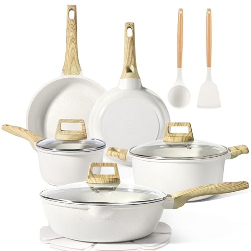 GiPP Pots and Pans Set Non Stick - 14 Pcs White Granite Kitchen Cookware Sets Nonstick Induction Cookware Cooking Pan Set with Frying Pans, Saucepans and Silicone Utensils, PFOS & PFOA Free