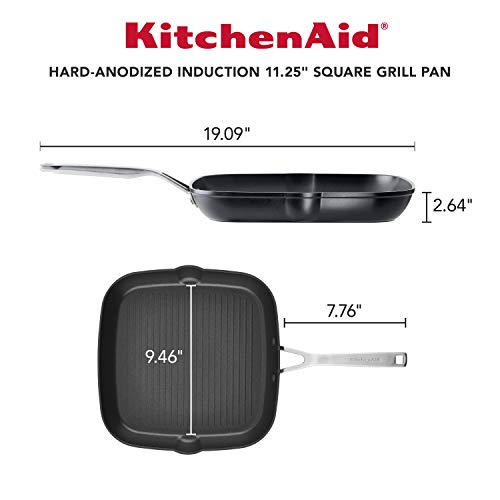 KitchenAid Hard Anodized Induction Nonstick Square Grill Pan/Griddle with Pouring Spouts, 11.25 Inch, Matte Black