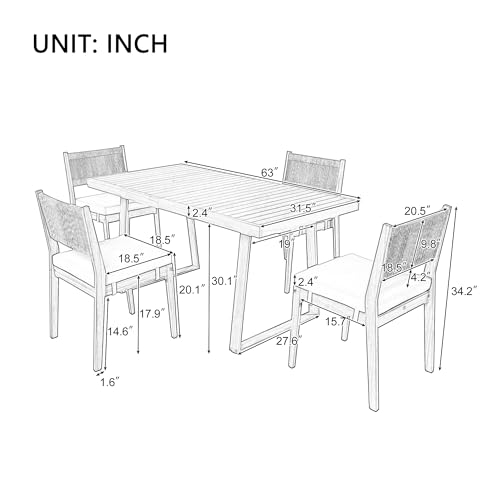HZSSDTKJ 5-Piece Patio Furniture Dining Set, Multi-Person Outdoor Acacia Wood Dining Table Set with 4 Chair with Thick Cushions, Elegant Conversation Set for Balcony, Vourtyard and Garden (Beige-01)