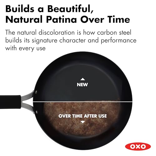 OXO Obsidian 10" Carbon Steel Frying Pan, Pre-Seasoned Skillet, Builds Natural Nonstick with Use, Induction Ready, Oven Safe, Removable Silicone Handle