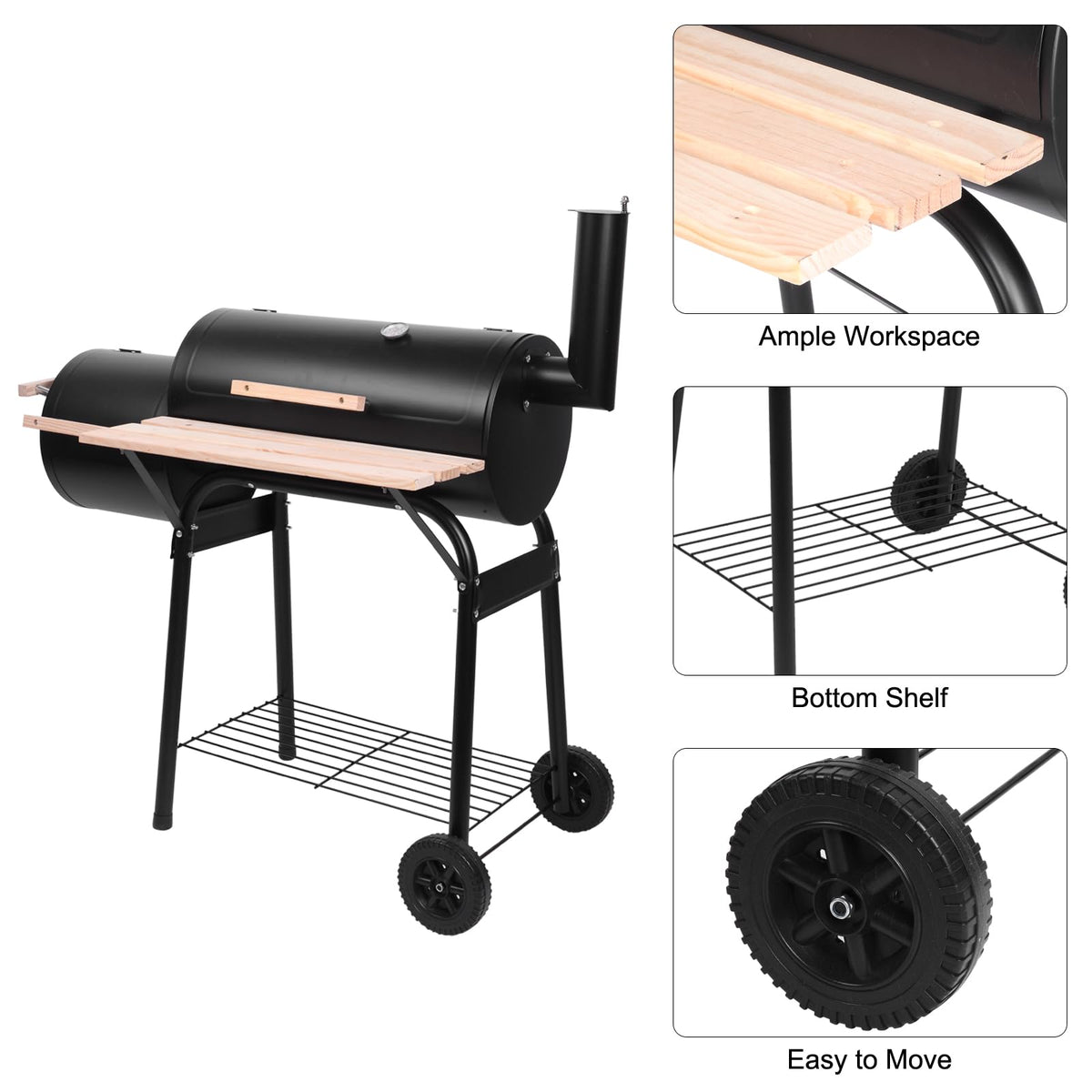 44.1'' Charcoal Grill with Offset Smoker, Portable BBQ Grill with Built-in Thermometer, Adjustable Damper, Wooden Shelf, Easy to Clean for Camping, Backyard, BBQ